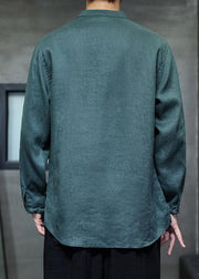 Green Button Solid Linen Shirt Men Stand Collar Long Sleeve