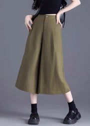 Green Button Solid Linen Wide Leg Pants High Waist