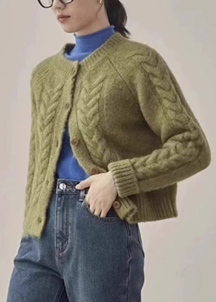 Green Cable Knit Sweaters Knit Coats O Neck Long Sleeve