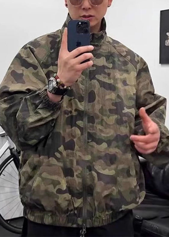 Green Camouflage Zip Up Ice Silk Mens Coats Stand Collar Summer