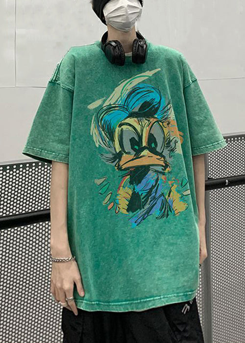 Green Cartoon Print Cotton Mens T Shirts O Neck Summer