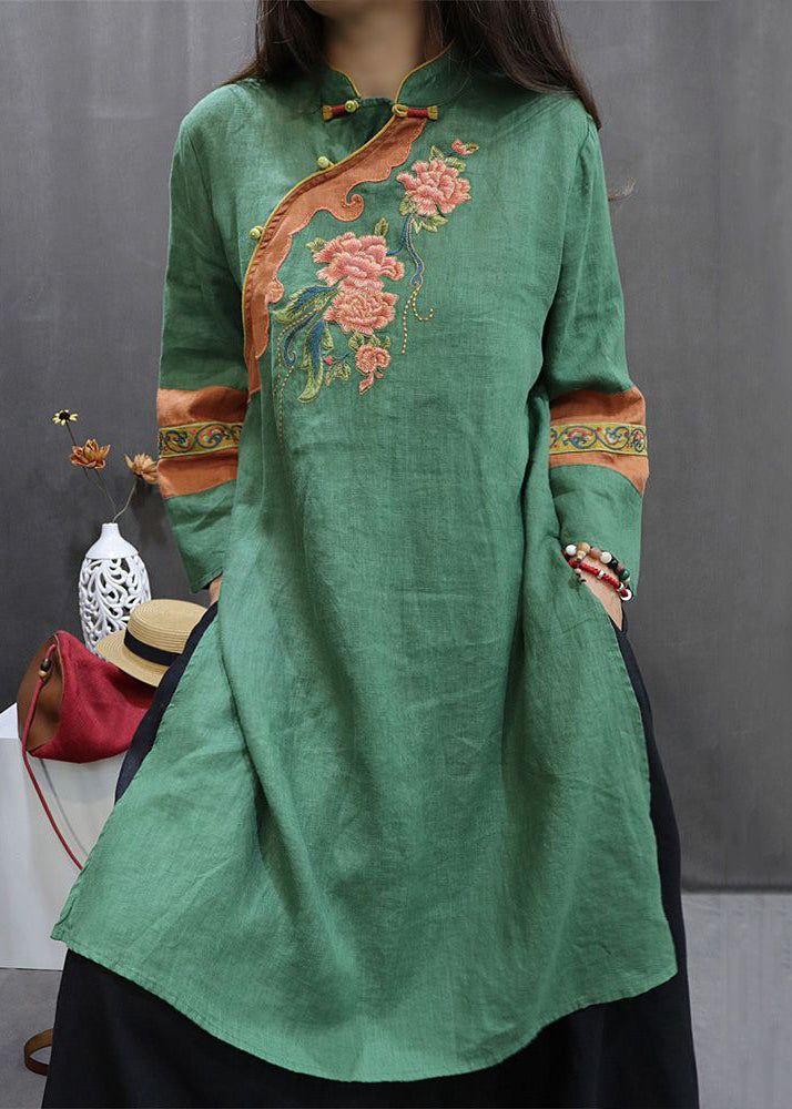 Green Chinese Button Linen Fall Shirt Embroidered