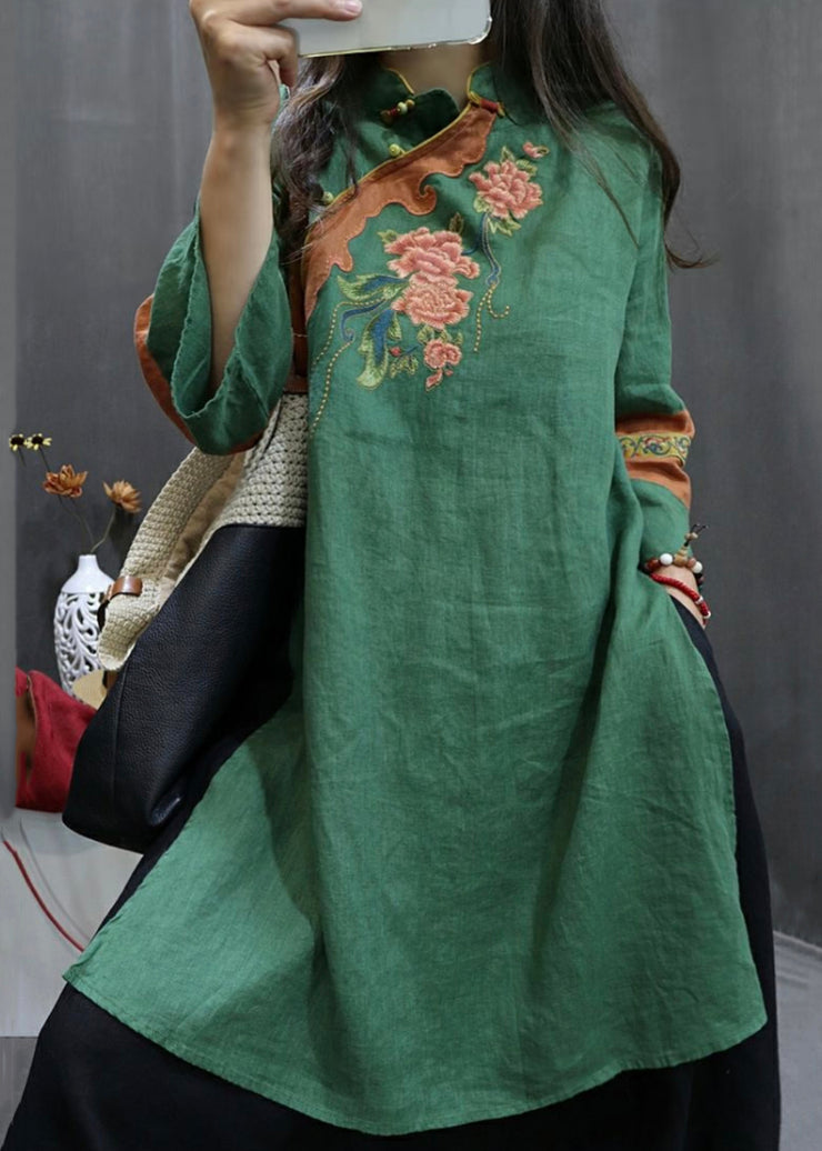 Green Chinese Button Linen Fall Shirt Embroidered