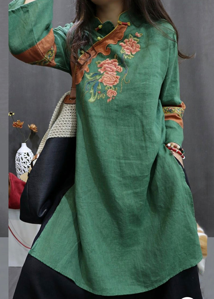 Green Chinese Button Linen Fall Shirt Embroidered