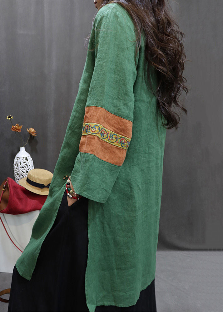 Green Chinese Button Linen Fall Shirt Embroidered