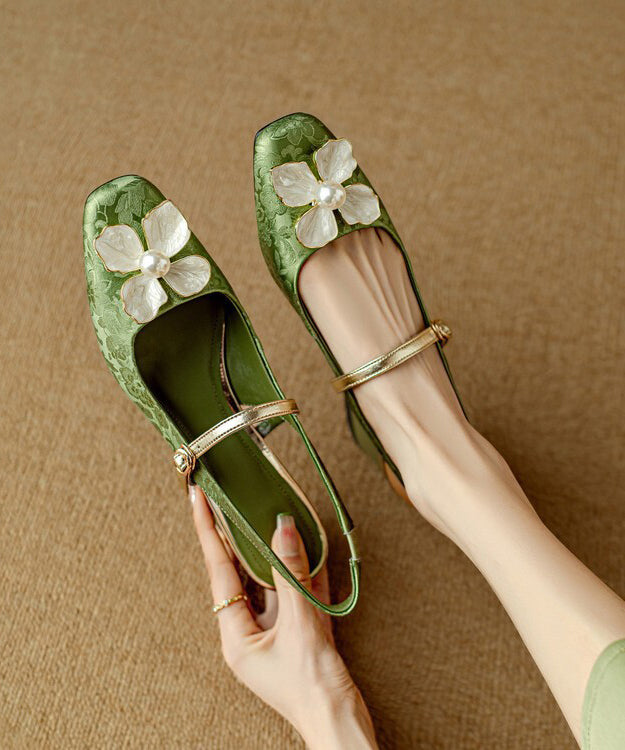 Green Chunky Floral Faux Leather New Chinese Style Sandals