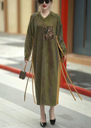 Green Cinched Patchwork Knit Long Dresses V Neck Winter