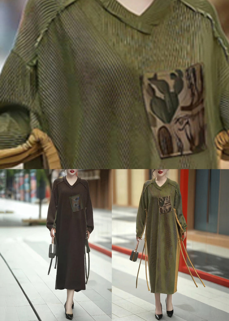 Green Cinched Patchwork Knit Long Dresses V Neck Winter