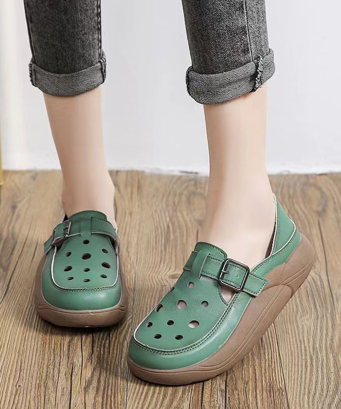 Green Cowhide Leather 2025 New Hollow Out Flat Shoes