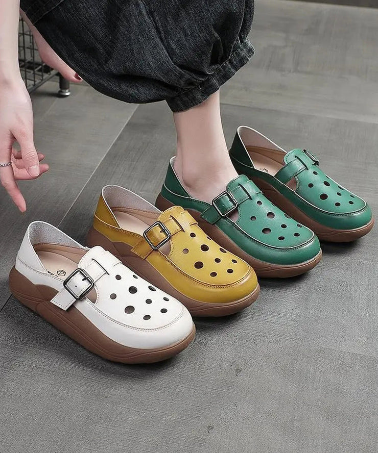 Green Cowhide Leather 2025 New Hollow Out Flat Shoes