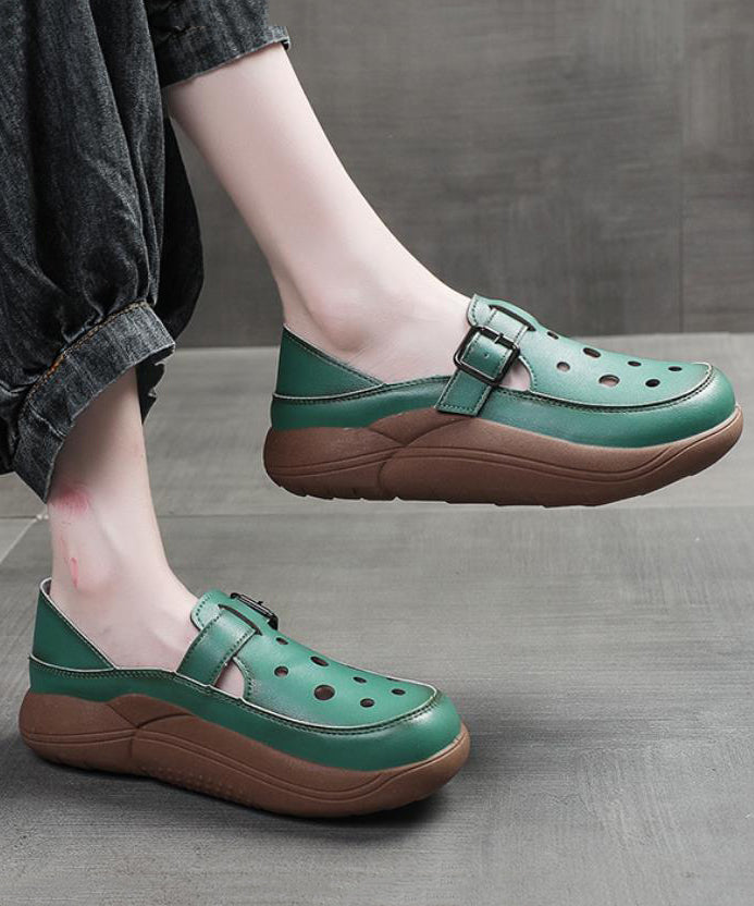 Green Cowhide Leather 2025 New Hollow Out Flat Shoes