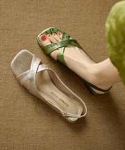 Green Cowhide Leather Walking Sandals Splicing Cross Strap Peep Toe