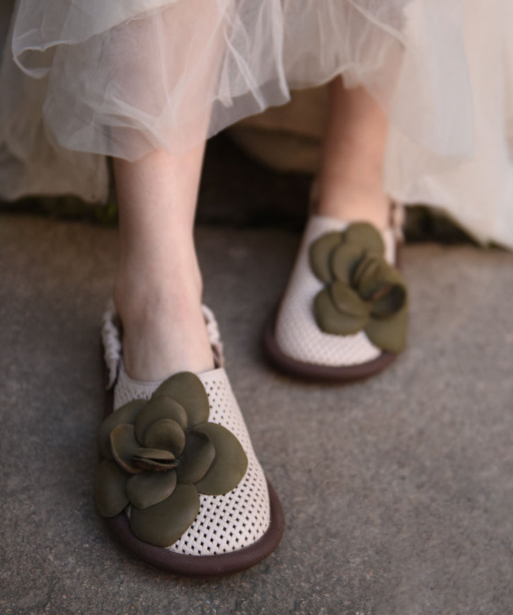 Green Floral Cowhide Leather Comfy Flat Sandals Hollow Out