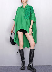 Green Floral Decorated Cotton Day Dress Low High Design Summer