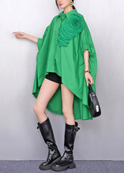 Green Floral Decorated Cotton Day Dress Low High Design Summer