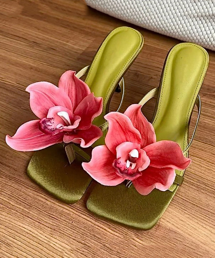 Green Floral Handmade Splicing High Heels Slide Sandals