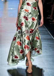 Green Floral Silk Vestidos Dresses Exra Large Hem Summer