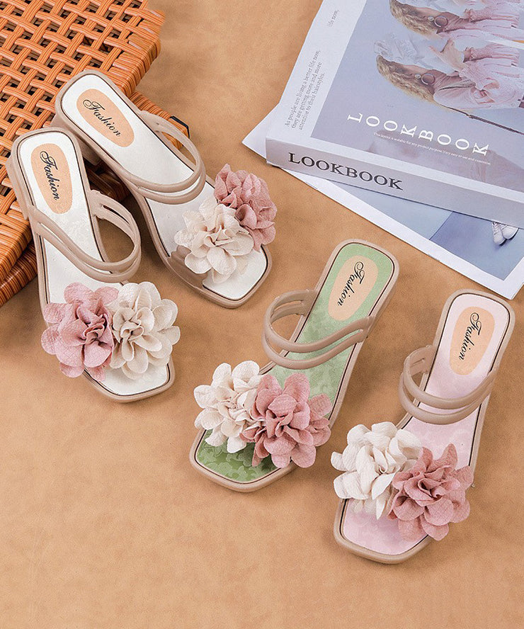 Green Floral Splicing Chunky Slide Sandals Peep Toe