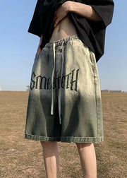 Green Gradient Color Letter Pockets Mens Shorts Elastic Waist