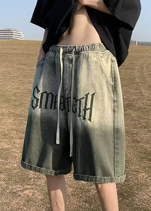 Green Gradient Color Letter Pockets Mens Shorts Elastic Waist