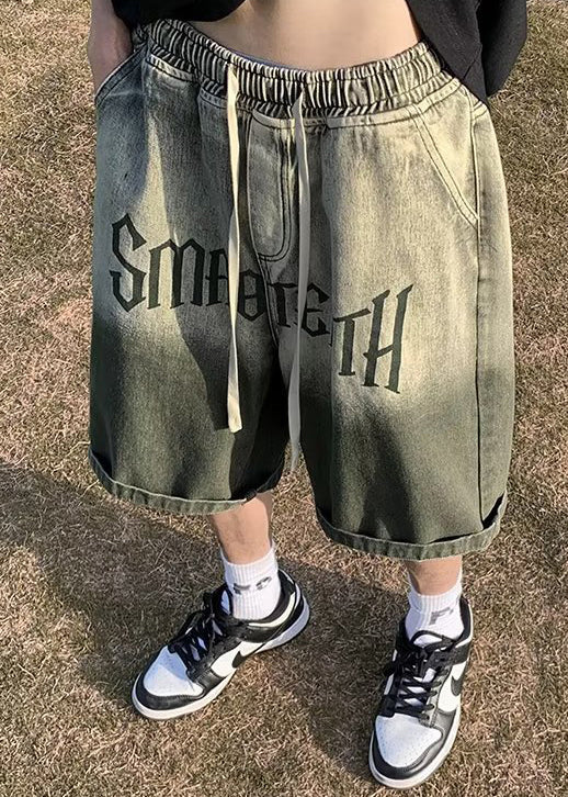 Green Gradient Color Letter Pockets Mens Shorts Elastic Waist