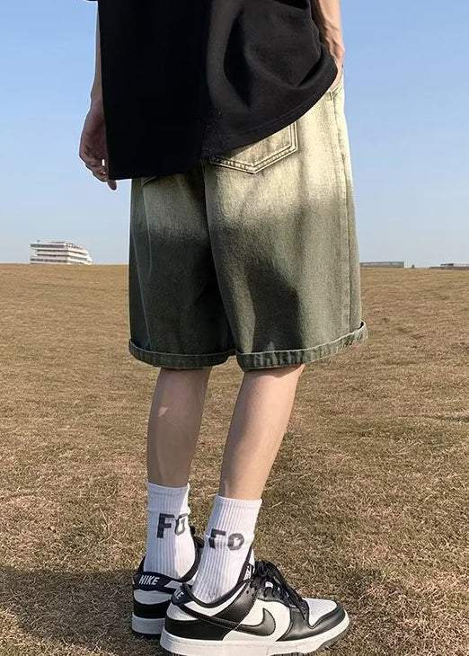 Green Gradient Color Letter Pockets Mens Shorts Elastic Waist