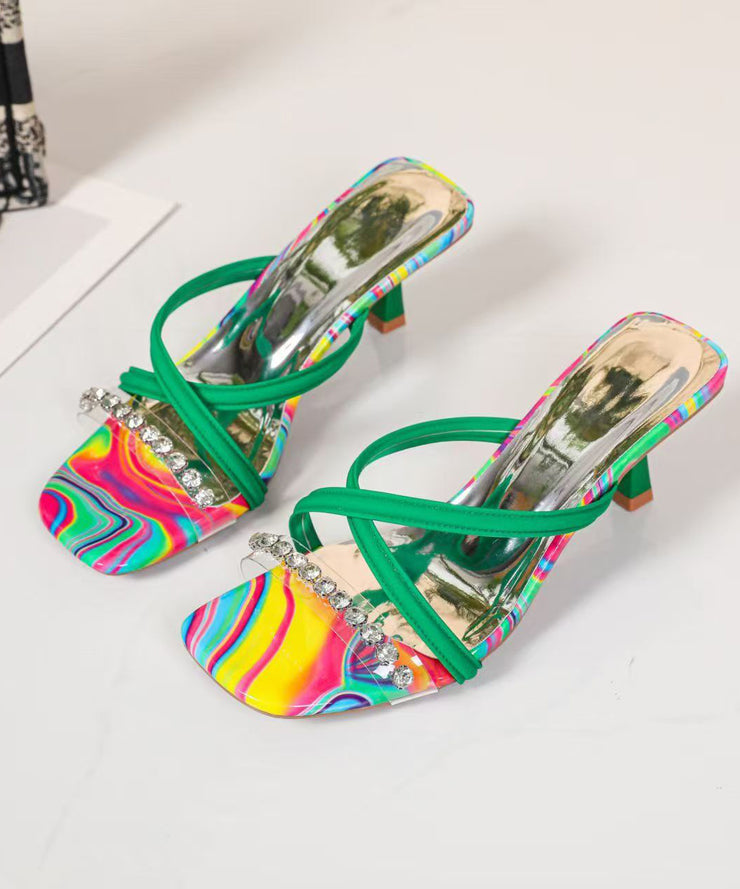 Green High Heel Faux Leather Beautiful Splicing Zircon Slide Sandals