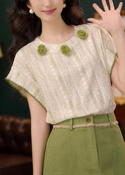 Green Hollow Out Striped Cotton Summer T Shirts O Neck