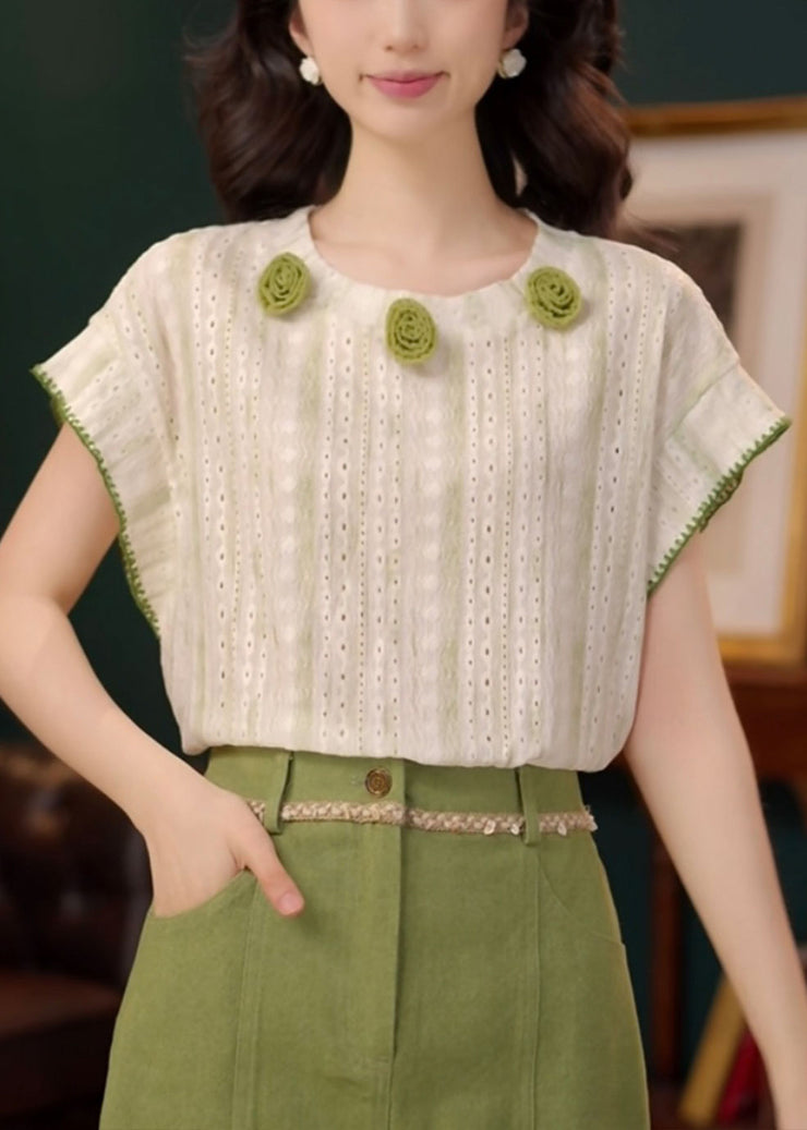 Green Hollow Out Striped Cotton Summer T Shirts O Neck