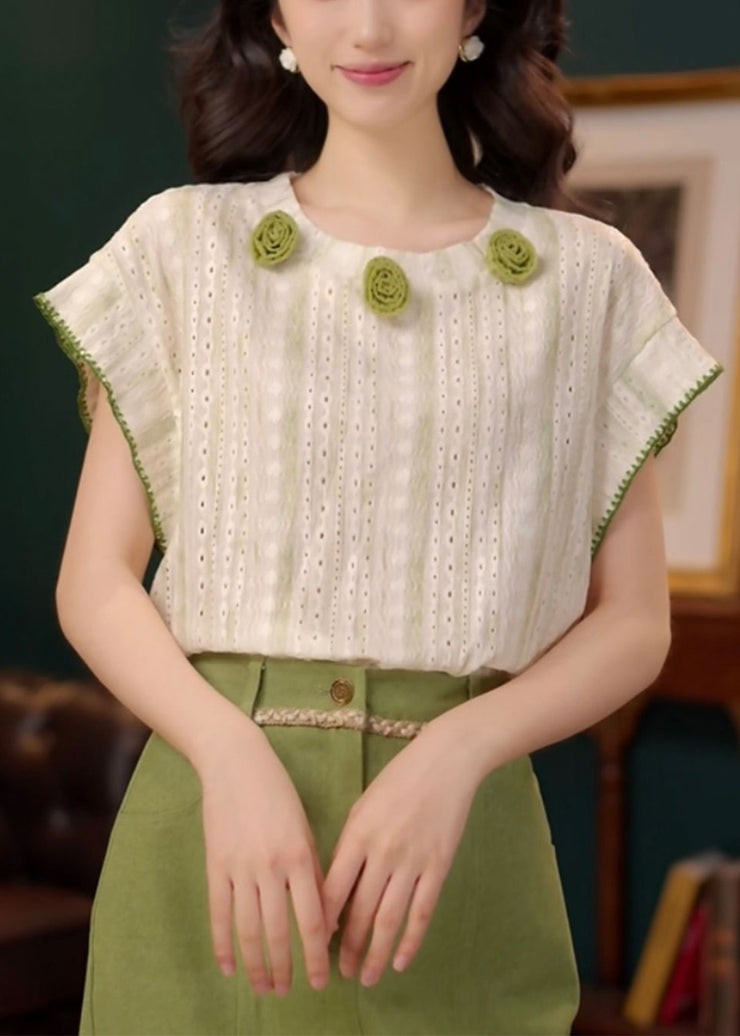 Green Hollow Out Striped Cotton Summer T Shirts O Neck