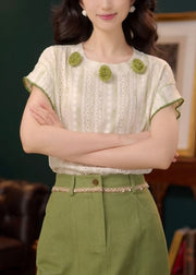 Green Hollow Out Striped Cotton Summer T Shirts O Neck