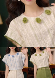 Green Hollow Out Striped Cotton Summer T Shirts O Neck