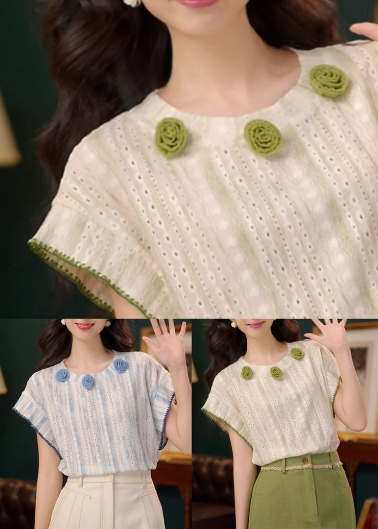 Green Hollow Out Striped Cotton Summer T Shirts O Neck