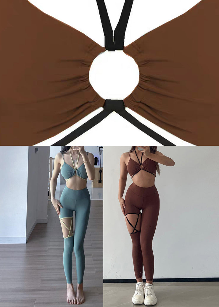 Green Hollow Out Tummy Control Sports Bra And Leggings Set Suit Gym Leggings