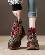 Green Lace Up Boots Splicing Platform Cowhide Leather