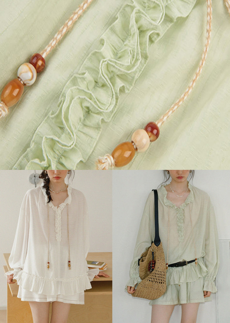 Green Lace Up Pockets Shirts And Shorts Cotton Two-Piece Set Ruffled Fall