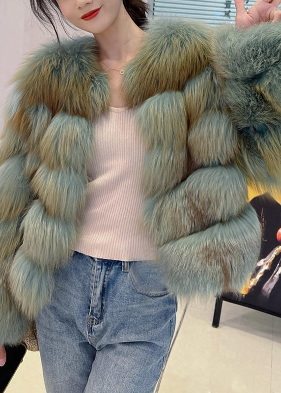 Green O-Neck Fox Collar Leather And Fur Coats