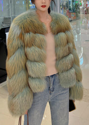 Green O-Neck Fox Collar Leather And Fur Coats