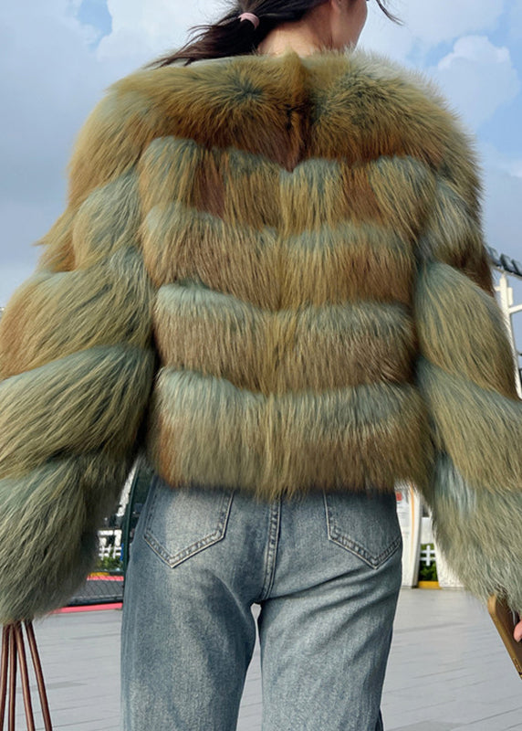 Green O-Neck Fox Collar Leather And Fur Coats