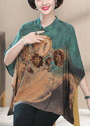 Green O-Neck Print Button Silk Top Half Sleeve