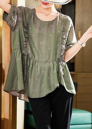 Green O-Neck Tie Waist Shirt Summer