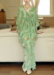Green Original Design Silk Mid Dress V Neck Bracelet Sleeve