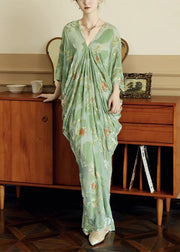 Green Original Design Silk Mid Dress V Neck Bracelet Sleeve