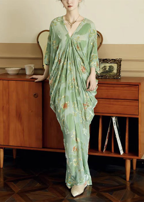 Green Original Design Silk Mid Dress V Neck Bracelet Sleeve