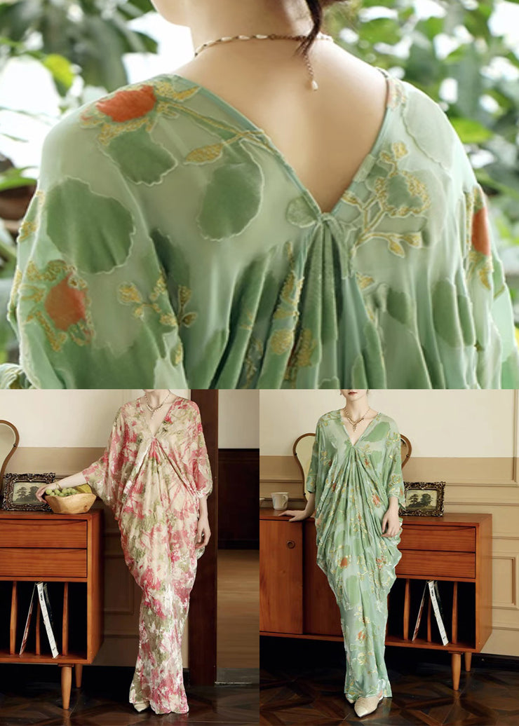 Green Original Design Silk Mid Dress V Neck Bracelet Sleeve