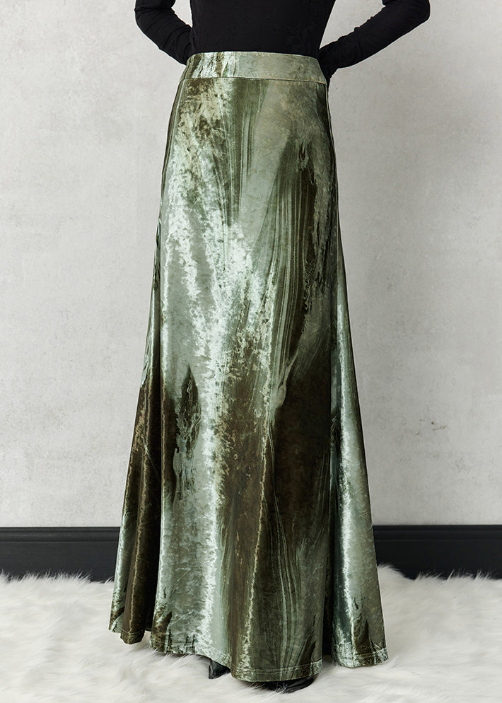 Green Original Design Silk Velvet Spring Skirts High Waist