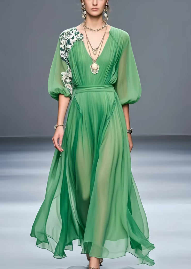 Green Patchwork Chiffon Robe Dresses Asymmetrical Summer