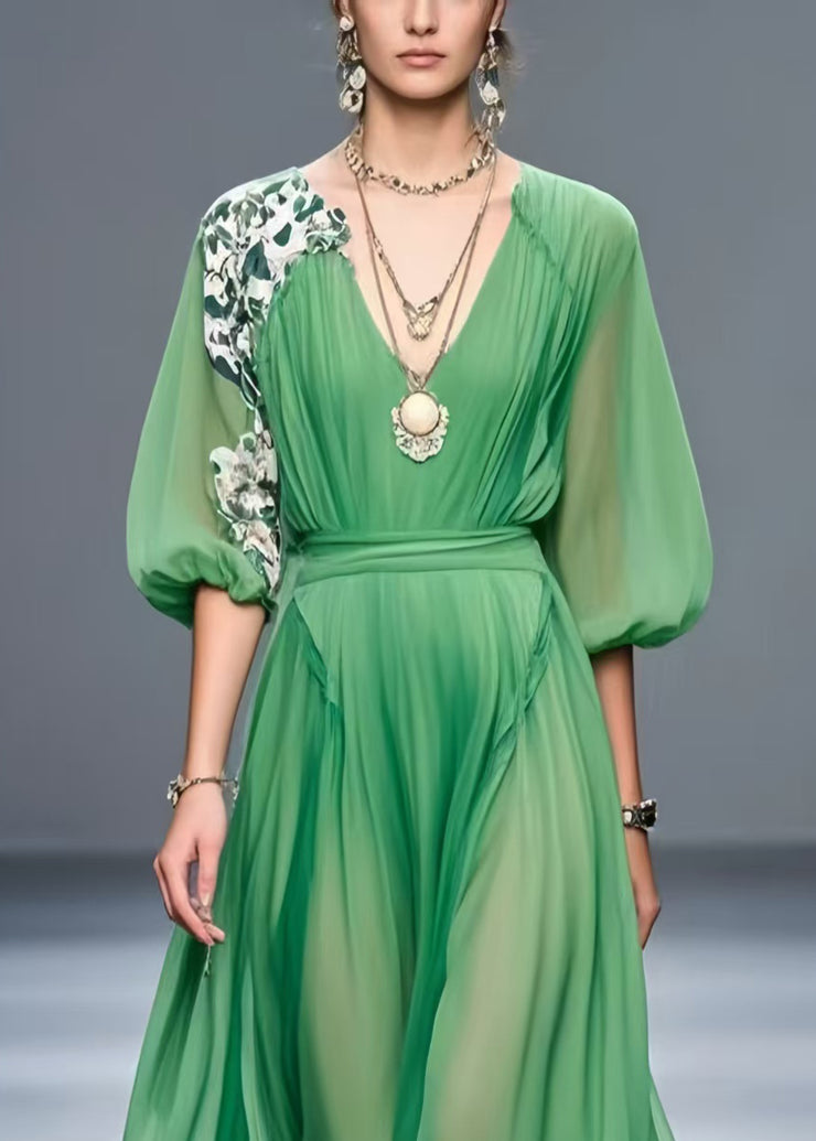 Green Patchwork Chiffon Robe Dresses Asymmetrical Summer