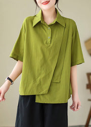 Green Patchwork Cotton Blouse Tops Peter Pan Collar Summer