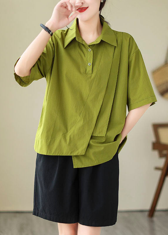 Green Patchwork Cotton Blouse Tops Peter Pan Collar Summer